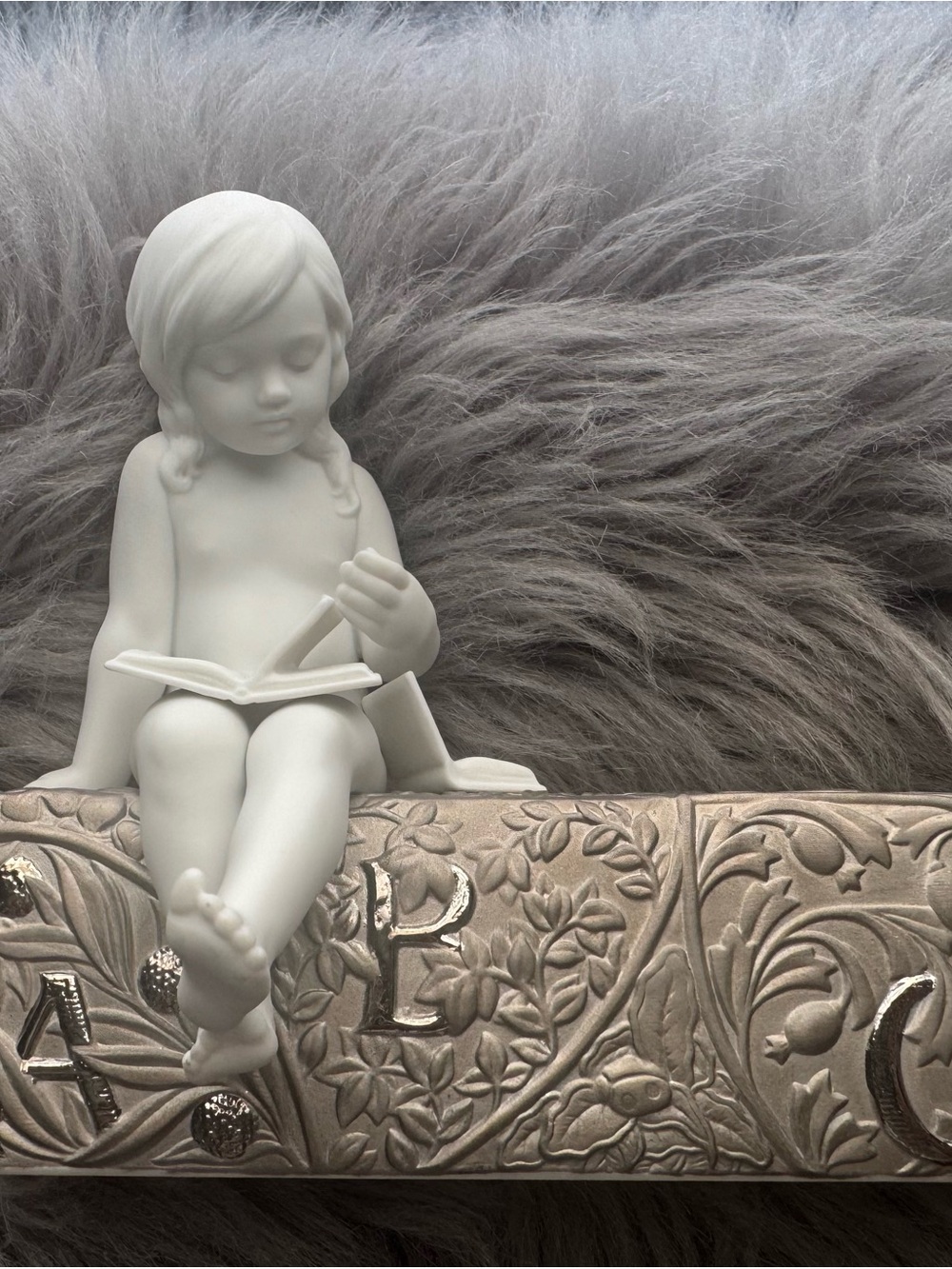 Lladro White Reading Child Sculpture with Silver Base Accent